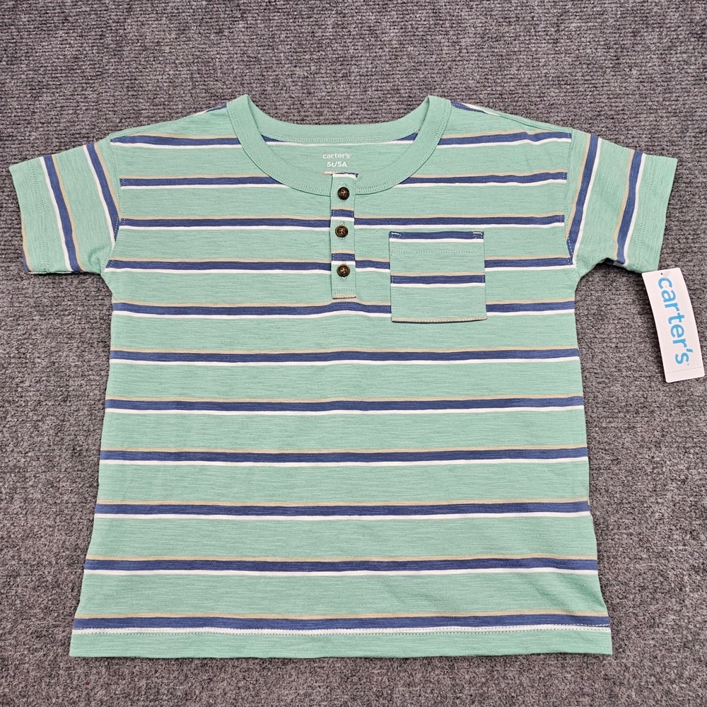 Carter's Henley Shirt Toddler Boys 5T Striped Green Short Sleeve Pocket Tee